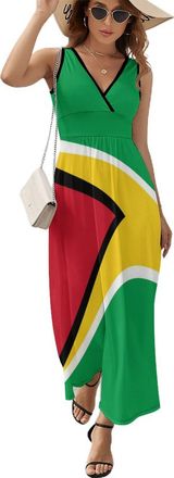 Generic Guyana Flag Womens Maxi Dress Sleeveless V Neck Dresses Casual Outfits M