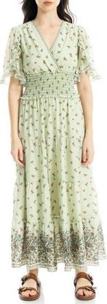 Max Studio V-Neck Flutter Sleeve Smocked Waist Maxi Dress in Mint Scattered Bouquet at Nordstrom Rack, Size X-Small