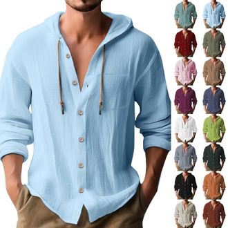 Generic Mens Hoodies Cotton Linen Shirts with Hood Hoodies for Men UK Plain Hooded Pullover Casual Drawstring Hoody Top Long Sleeve Shirt with Chest Pocket Be