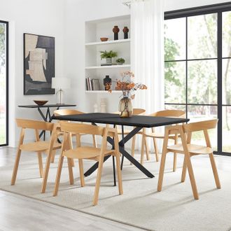 Furniturebox Leonardo Black Top Dining Table & 6 Oak Masa Chairs