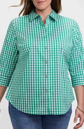 Foxcroft Margie Gingham Three-Quarter Sleeve Button-Up Shirt in Kelly Green/White at Nordstrom, Size 2X