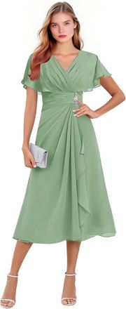 Generic Sage Green Tea Length Mother of The Bride Dresses Chiffon V Neck Flutter Sleeves Formal Evening Gowns Pleated A-Line Wedding Guest Dress 12