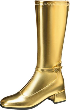 Generic Womens Square Toe Knee High Metallic Boots with Low Block Heel & Buckle Strap with Side Zipper Design for Events,Gold,7.5 UK