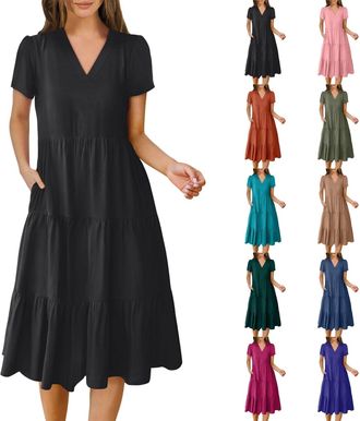 Generic Womens Summer Dresses Plus Size UK, A-Line Dresses Tiered Dress V Neck Short Sleeve Dress Solid Color Sundress Above The Knee Sundresses Loose Waist S
