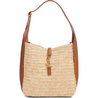 Saint Laurent Le 5 &agrave; 7 Raffia & Leather Hobo Bag in Desert Dust/Brick Canvas at Nordstrom