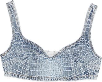 Self Portrait Bralette in denim effetto coccodrillo con strass Self Portrait