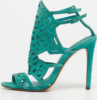 Brian Atwood Green Suede Laplata Laser Cut Sandals
