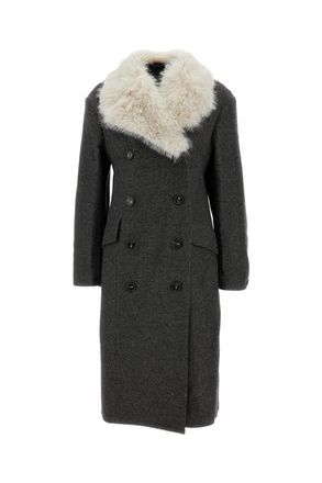Simone Rocha Grey Cut-Out Faux-Fur Collar Double-Breasted Wool Coat