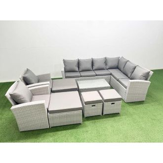 Fimous Garden Outdoor pe Rattan Furniture Set 12 Seater Rattan Garden Sofa Set with 2 Big Footstools Light Grey Mixed - Fimous