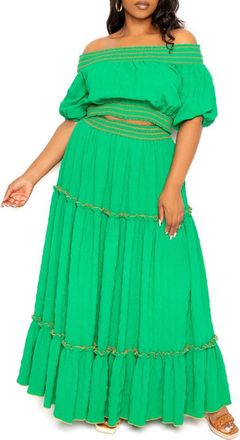 Buxom Couture Smocked Off the Shoulder Puff Sleeve Top & Maxi Skirt Set in Green at Nordstrom, Size 1 X