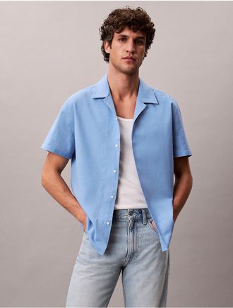 Calvin Klein Mens Linen Cotton Short Sleeve Button-Down Shirt - Bright Blue - 2XL