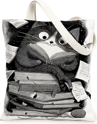 Generic Fanciful Cat Canvas Tote Bag, Artistic Book Lover Design Reusable Grocery Bags, Lightweight Washable Shoulder Strap Canvas, White, 13x15 Inch