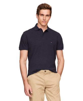 Tommy Hilfiger Mens Short Sleeve Polo Shirts in Classic Fit with Stretch and Organic Pique Cotton, Desert Sky Heather, Medium