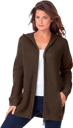Roaman's Plus Size Waffle Knit Zip-Front Relaxed Hoodie in Chocolate at Nordstrom, Size Medium