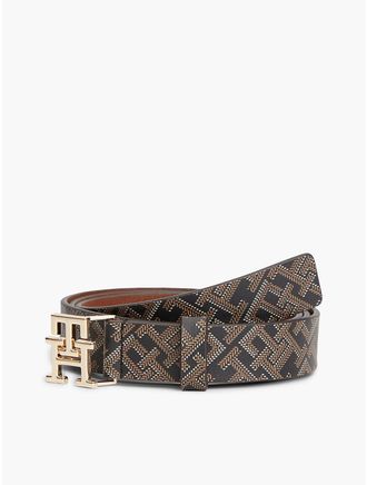Tommy Hilfiger Womens Allover Monogram Leather Belt - Black - 40