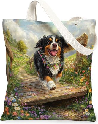 Generic Spring Bernese Mountain Dog Canvas Tote Bag for Shopping 13x15, Country Garden Puppy Reusable Grocery Print Pattern Bag for Women, Fun Flower Pet Beac