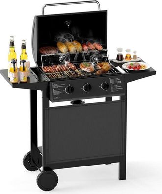 Costway Griglia a Gas con 3 Bruciatori, Griglia da Esterno con Coperchio in Acciaio Inox e Tavolini Laterali, Attrezzatura per Barbecue da Patio su