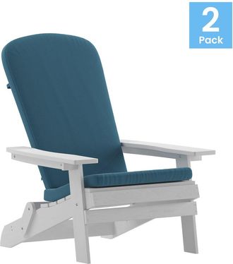 Flash Furniture Set of 2Folding Adirondack Chairs in White with Teal Cushions, Porch, and Patio