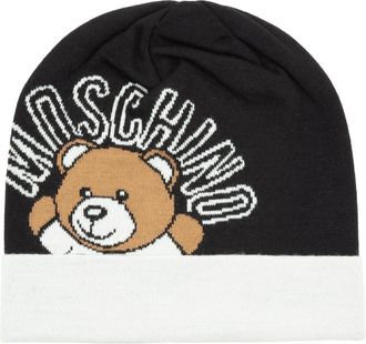 Moschino Gezellige Abstracte Teddybeer Beanie - Dames - Hoeden - Zwart - ONE Size - Wol - Accessoires