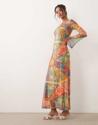 Never Fully Dressed Aria - Vestito lungo a maniche lunghe in rete con stampa caleidoscopica-Multi