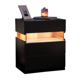STILVORA Mesita De Noche Con 3 Cajones Y Led, Panel Acrilico, Para Dormitorio Y Salon, En Madera De Ingenieria, Negro