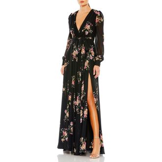 Mac Duggal Belted Floral Print Illusion Long Sleeve Gown in Black Multi at Nordstrom, Size 6