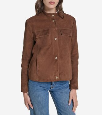 Cole Haan Womens Suede Band Collar Jacket - Brown Size Medium