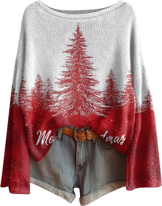 Generic Funny Christmas Jumper for Women, Long Sleeve Loose Fit Boat Neck Sweater Pullover, Festive Knitted Jumper with Multiple Designs for Holiday & Casual 
