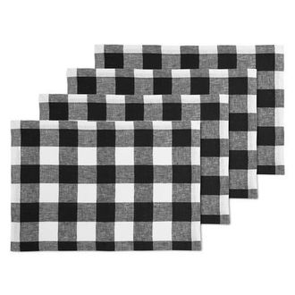 Solino Home Linen Placemats Set of 4, 14 x 19 Inch for Dining Table, Holiday and Everyday Table Decor - Buffalo Check in Black And White at