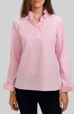 Foxcroft Tammy Ruffled Cotton Popover in Chambray Pink at Nordstrom, Size X-Large