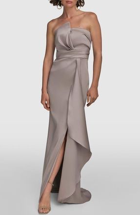 DKNY Asymmetric Strapless Satin Gown in Cobblestone at Nordstrom, Size 16