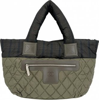Chanel Green Khaki Leather Nylon Handbag Tote Bag (Pre-Owned)