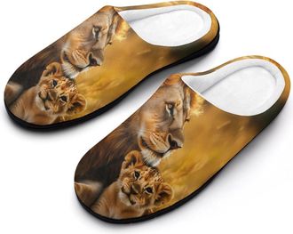 Generic Lion Family Print Animal Womens Slippers Warm House Slippers Indoor House Shoes with Anti-Skid Rubber Sole