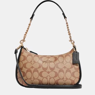 Coach Womens Signature Teri Shoulder Bag with Chain Strap - Beige - One Size