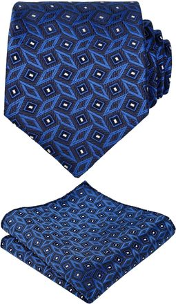 Alizeal Mens Regular Pattern Tie and Hanky Unique Classic for Wedding Party Prom Necktie Set, Black+Royal Blue