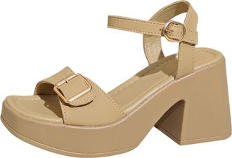 Generic Summer Womens Square Toe Sandals with Metal Buckle Belt Strap and Medium Heel for Large Size Comfortable Footwear (Beige, 5.5)