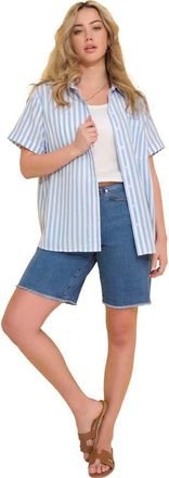 Roaman's Plus Size Linen Blend Short Sleeve Button Front Shirt in Pale Blue Bold Stripe at Nordstrom, Size 18