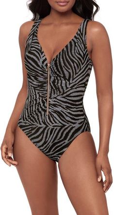 Miraclesuit Zirconic Zip Front One-Piece Swimsuit in Black/White at Nordstrom, Size 8