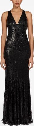 Jenny Packham Black Flower Sequined V-Neck Maxi Dress in Liquorice at Nordstrom, Size 14 Uk