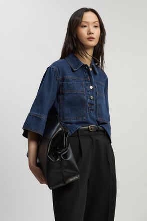 Karen Millen Womens Denim Collared Pocket Top - Blue Cotton - Size 14 UK