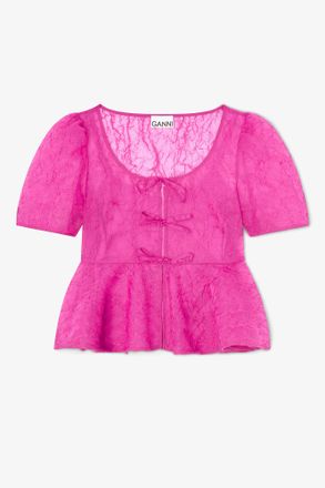 Ganni Peplum Blouse in Shibori Organza - Size 10/12 Raspberry Rose