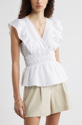 Nordstrom Smocked Waist Flutter Sleeve Peplum Top in White at Nordstrom, Size Xx-Small
