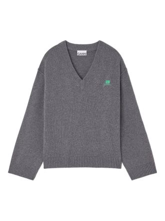 Ganni V-neck logo sweater - women - Fabric - XXS/XS - Grey