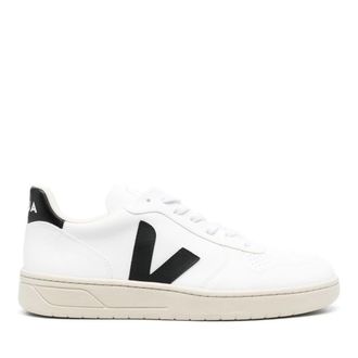Veja V-10 White Contrasting Logo Perforated Leather Sneakers
