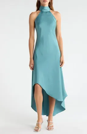 CeCe by Cynthia Steffe Tie Back Sleeveless High/Low Satin Gown in Peacock Teal at Nordstrom, Size 14