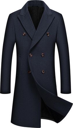 AlltheMen Mens Winter Wool Trench Coat Long Double Breasted Peacoat Regular Fit Overcoat Navy 3XL