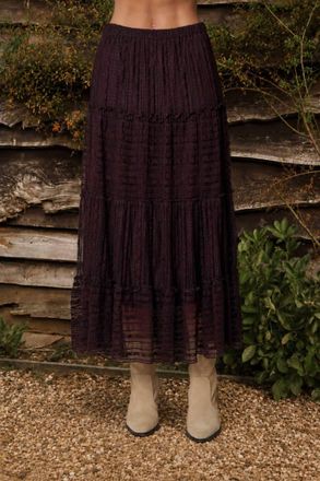 Blu Pepper Textured Stripe Ruffle Tiered Midi Skirt In Chocolate Brown