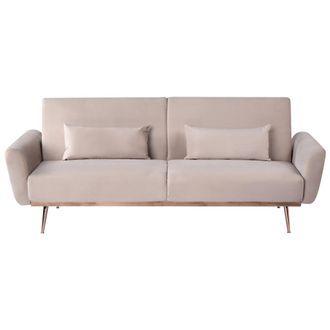 Beliani Sof&aacute; Cama 3 Plazas Elegante Con Cojines Tapizado En Terciopelo Patas De Metal Funci&oacute;n Convertible Para Dormir Gris Pardo Eina