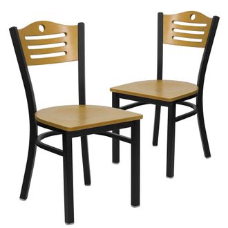 Flash Furniture 2 Pk. Black Slat Back Metal Restaurant Chair - Natural Wood Back & Seat