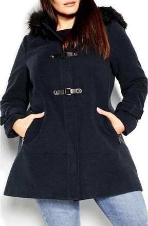 City Chic Wonderwall Coat with Faux Fur Collar in Navy at Nordstrom, Size Xxs